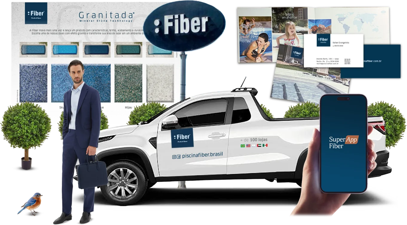 Ecossistema visual da franquia Fiber com branding, materiais institucionais, veículo adesivado e aplicativo